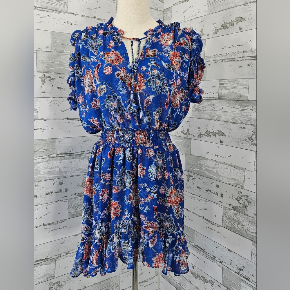 Misa Dominique Tassels Floral Dress High Low Skirt Womens Small Feminine Blue